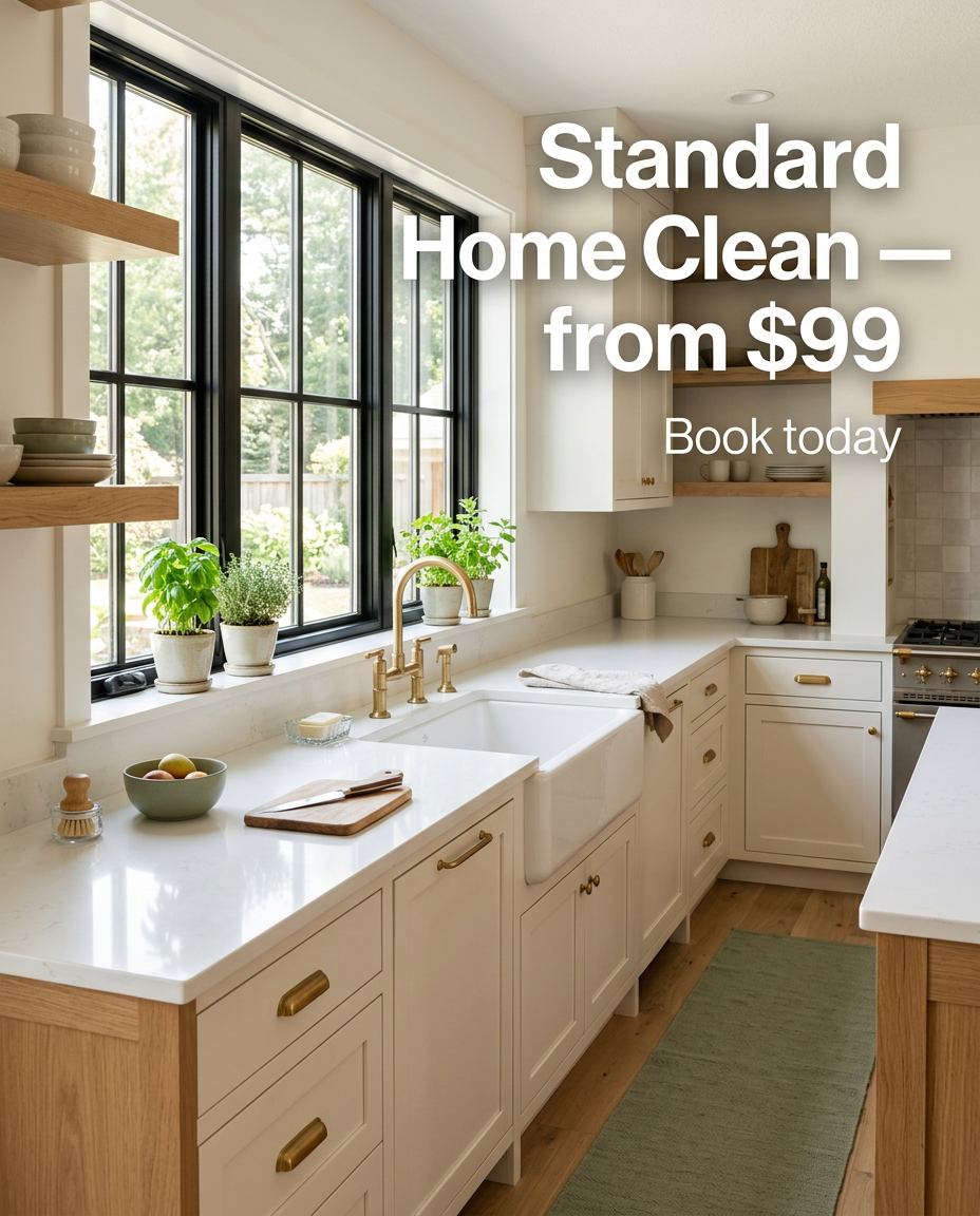 Bright NeatNest kitchen with the message Standard Home Clean from $99